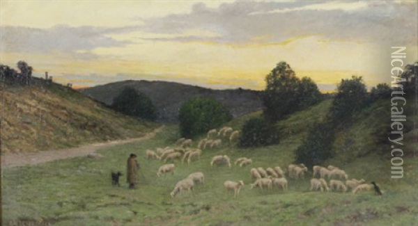 Schafer Mit Seiner Herde Bei Sonnenuntergang Oil Painting - Jean Alfred Desbrosses