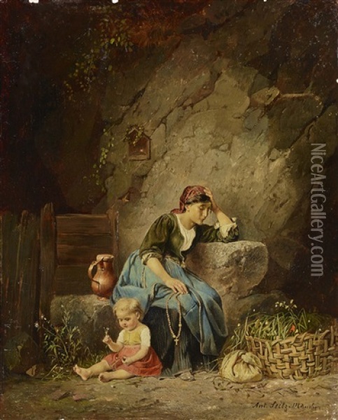 Munich Farmers Wife With Child Oil Painting - Anton Seitz