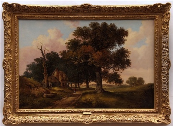 Wooded Landscape With Figure By A Cottage Oil Painting - John Berney Ladbrooke