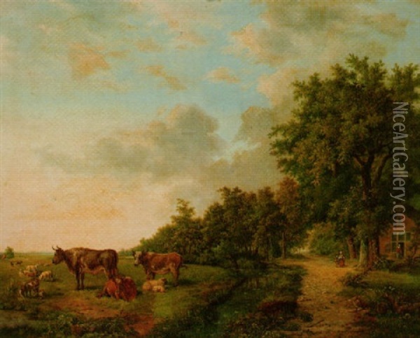 A Wooded Summer Landscape With Cattle In A Meadow Along A Ditch Oil Painting - Everardus Benedictus Gregorius Pagano Mirani