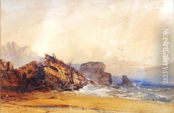 Shipwreck On A Rocky Beach Oil Painting - John Callow