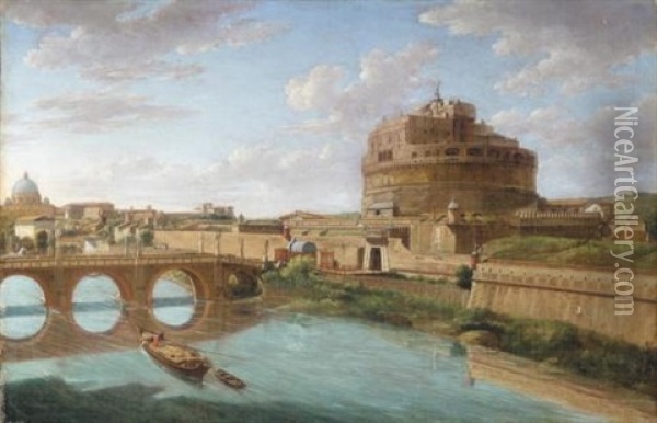Rome, A View Of The Tiber With The Ponte And Castel Sant Angelo, The Basilica Of St. Peter's Beyond Oil Painting - Hendrick Frans van Lint