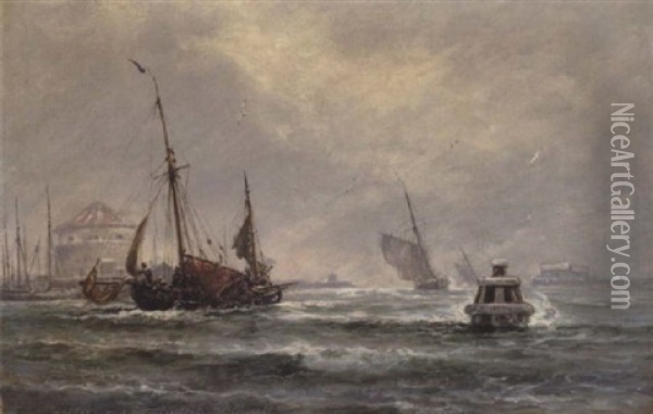 Sejlskibe I Indsejlingen Til Frederikshavn Havn, Hardt Vejr Oil Painting - Holger Henrik Herholdt Drachmann