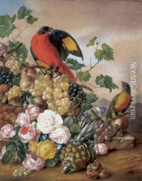 Groses Blumenstilleben Mit Zwei Papageien Oil Painting - Franz Xaver Petter