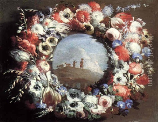 A Pastoral Scene Set Within A Garland Of Flowers Oil Painting - Gasparo Lopez