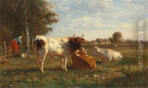 Open Landscape With Cows Oil Painting - Otto von Thoren