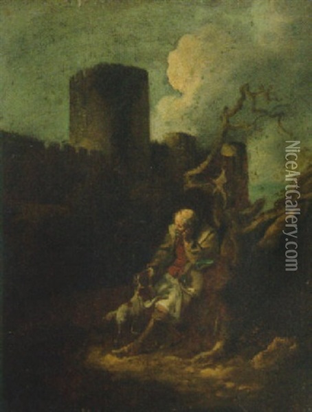 A Traveller And His Dog On A Path, A Castle Beyond Oil Painting - Thomas Barker