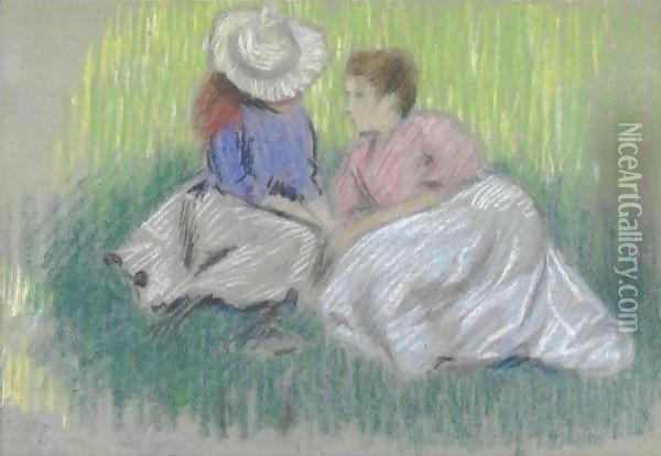 Sull'Erba (Femme Et Fillette Assieses Sur L'Herbe) Oil Painting - Federigo Zandomeneghi