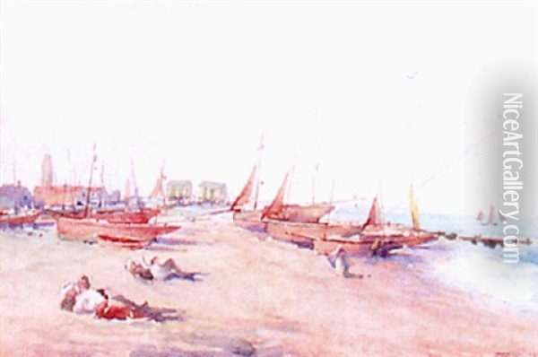 Beached Fishing Boats At Eastbourne Oil Painting - Charles MacIver Grierson