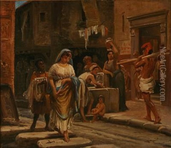 Historical Street Scene From The Ancient Pompeii In Italy Oil Painting - Vilhelm Rosenstand