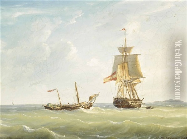 A Spanish Brigantine Coming To The Rescue Oil Painting - Francois Geoffroy Roux