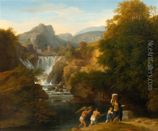 Figures In A Mediterranean Mountain Landscape With A Waterfall And A Castle Oil Painting - Christoph (Johann Christoph) Rist