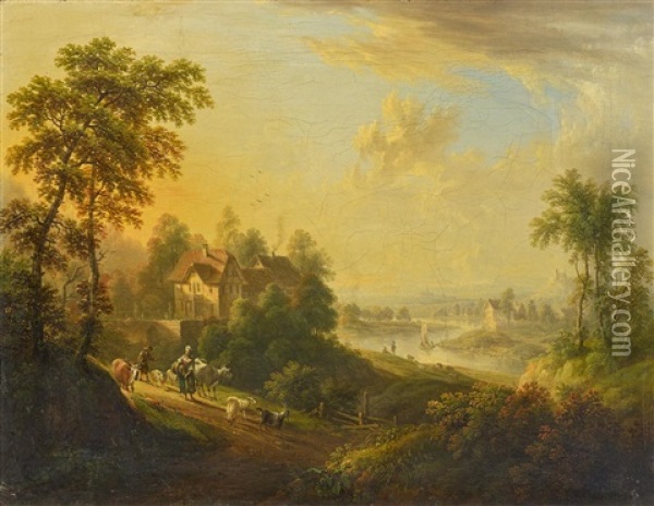 Abendstimmung Uber Einem Flusstal Oil Painting - Christian Georg Schuetz the Elder