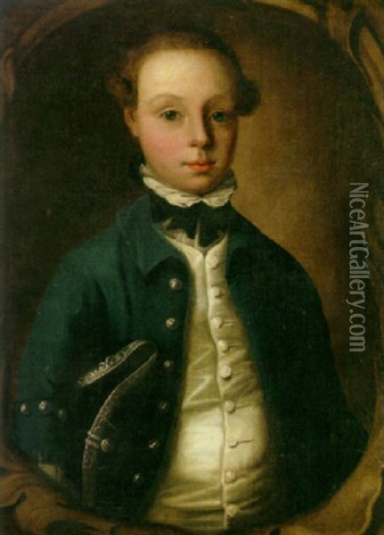 A Portrait Of A Young Boy With A Blue Velvet Coat Oil Painting - Nathaniel Hone the Elder