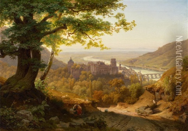 Blick Auf Heidelberg Mit Dem Schloss Oil Painting - Johann Christian Heerdt