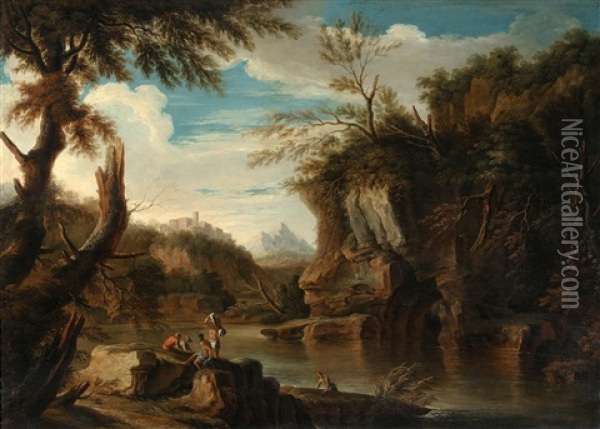 Figures In A Rocky River Landscape Oil Painting - Jacob De Heusch