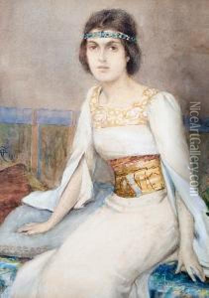 Portrait Of A Girl In Romantic Medieval Dress Oil Painting - Henry Maynell Rheam