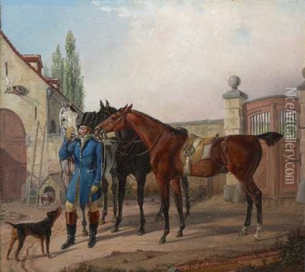 Kutscher Mit Drei Pferden Im Hof Oil Painting - Albrecht Adam