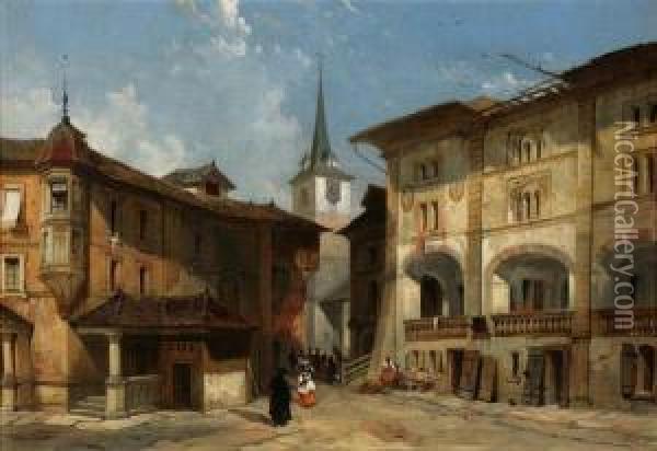 City Square With Clock Tower Oil Painting - Henry Courtney Selous