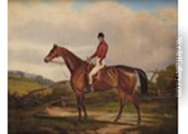 Sir Joseph Hawley's Fernhill A Dark Bay Racehorse With Jockey Up Oil Painting - Charles Hancock