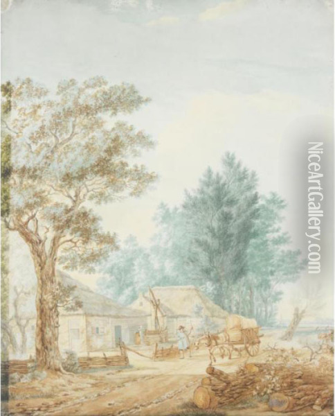 View Of A Farm By A Canal, With A
 Drover With His Horse And Cart And A Woman Drawing Water From A Well Oil Painting - Jacob Van Stry