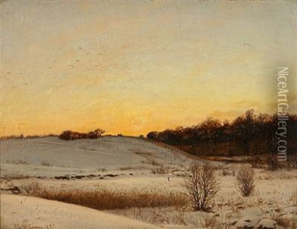 Winter Landscape With Snow Covered Fields At Sunset Oil Painting - Adolf Alfred Larsen