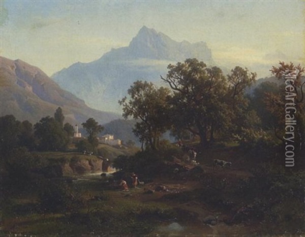 Gegend In Sud-tyrol - Morgenlandschaft Oil Painting - August Behrendsen