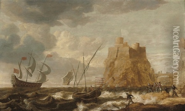 Shipping In Choppy Seas, A Fortress On A Cliff Beyond Oil Painting - Bonaventura Peeters the Elder