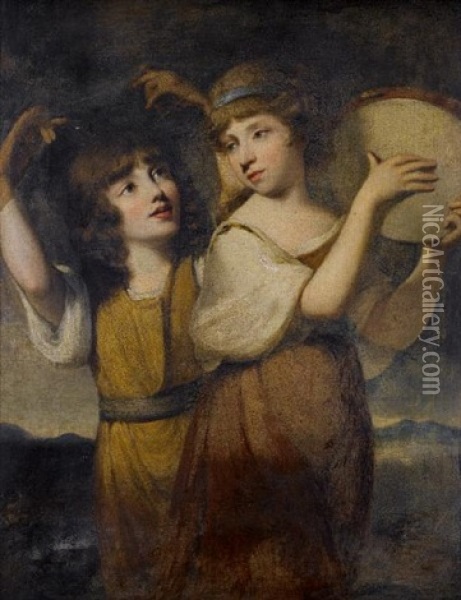 Portrait Of Two Girls In A Landscape, One Dancing, The Other Playing A Tambourine Oil Painting - Henry Thomson
