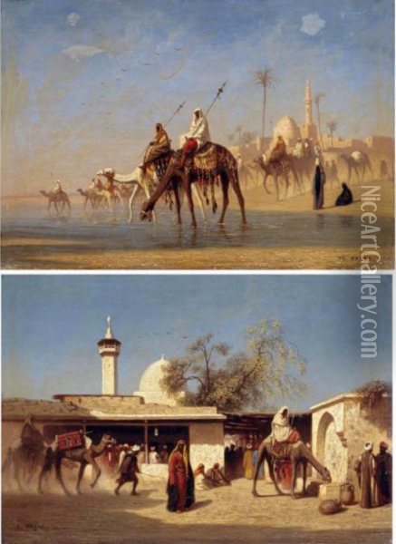 Un Gue En Bas Egypte; Une Rue A Damas: A Pair Of Paintings Oil Painting - Ch. Theodore, Bey Frere