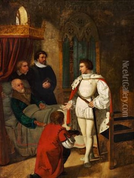 Cansleren Niels Kaas, Som Paa Sin Sotteseng Giver Christian Iv Noglen Til Rigets Klenodier Oil Painting - Detlev Konrad Blunck