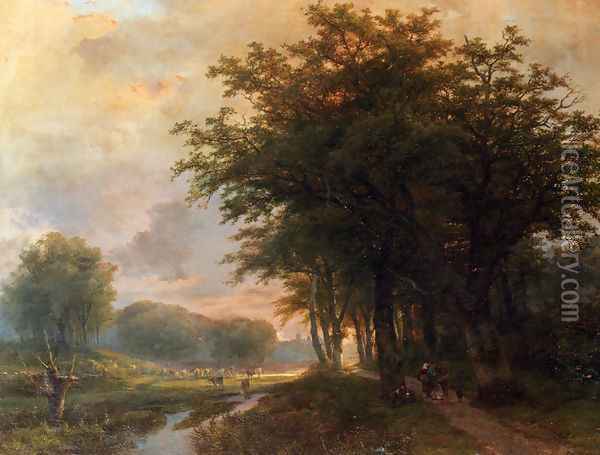 A Wooded River Valley With Peasants On A Path, Cattle In A Meadow Beyond Oil Painting - Johann Bernard Klombeck