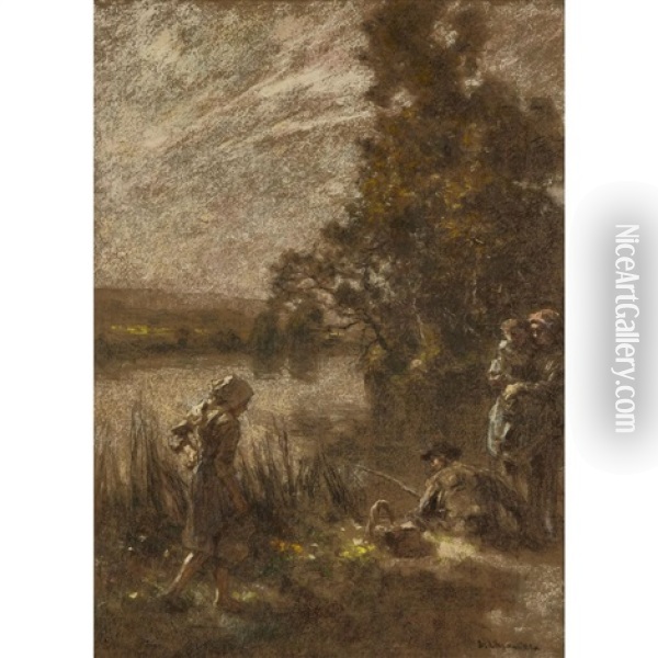 Peasant Family On A River Bank Oil Painting - Leon Augustin L'Hermitte