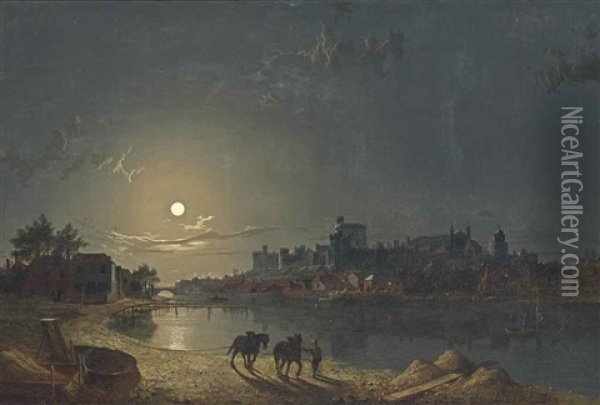 A Moonlit View Of Windsor Castle, With A Traveller And His Horses In The Foreground Oil Painting - Sebastian Pether