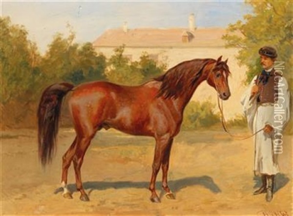 Racehorse With Hungarian Groom Oil Painting - Wilhelm Richter