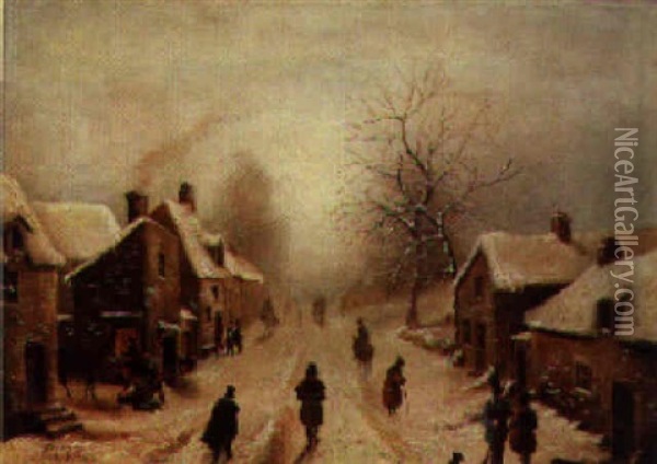 Figures In A Village Street In Winter Oil Painting - Pierre Francois de Noter