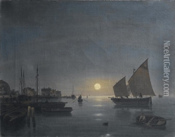 Laguna Veneziana Al Chiaro Di Luna Oil Painting - Giuseppe Canella I