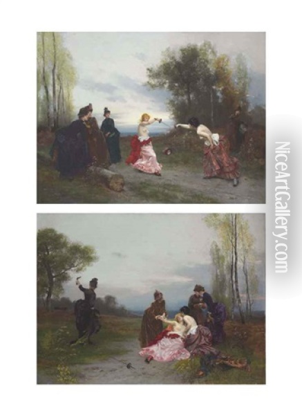 The Duel (+ The Reconciliation; 2 Works) Oil Painting - Emile Antoine Bayard