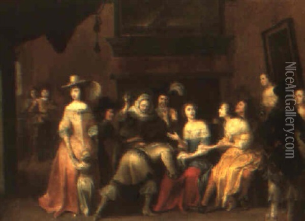 Elegant Company In An Interior, Playing A La Main Chaud Oil Painting - Hieronymous (Den Danser) Janssens