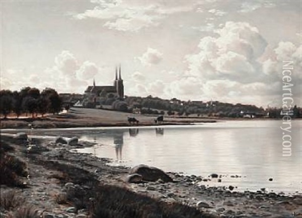 At Roskilde Fiord With The Cathedral In The Background Oil Painting - Ludvig Kabell