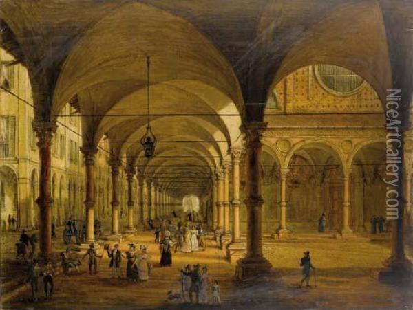 La Veduta Del Portico Di Santa Maria Dei Servi Di Bologna Oil Painting - Antonio Basoli