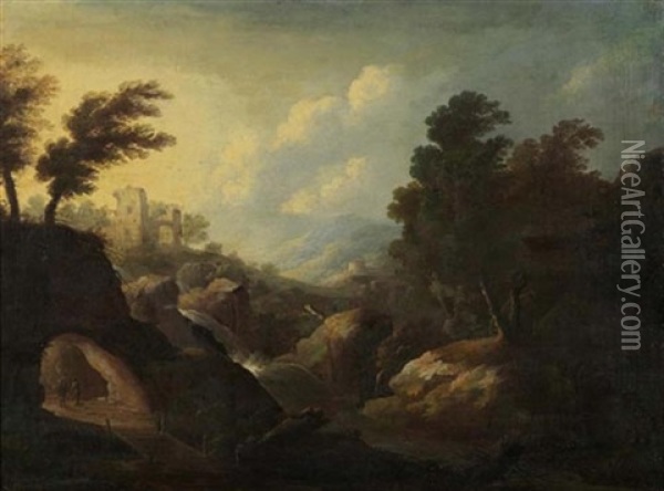 Italienische Mittelgebirgslandschaft Mit Ruine Und Grotte Oil Painting - Peter Von Bemmel