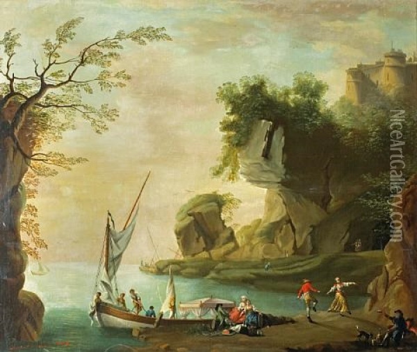A Coastal Rocky Landscape With Figures Dancing Before A Cave Oil Painting - Charles Francois Lacroix