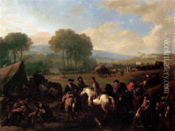 A Military Encampment In An Open Landscape With Cavaliers Conversing By A Pool Oil Painting - Jan van Huchtenburg