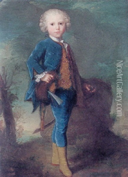 Portrait Of A Young Boy In Blue, Standing In A Landscape Oil Painting - Claude Pougin de Saint-Aubin