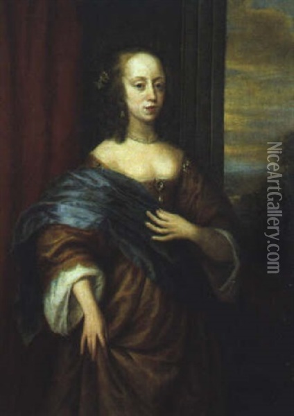 Bildnis Einer Dame In Vornehmen Kleid Mit Blauem Schal Und Perlenschmuck Oil Painting - Cornelis Jonson Van Ceulen