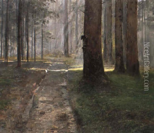 Sonnenstrahlen Im Birkenwald Oil Painting - Ludwig Roesch
