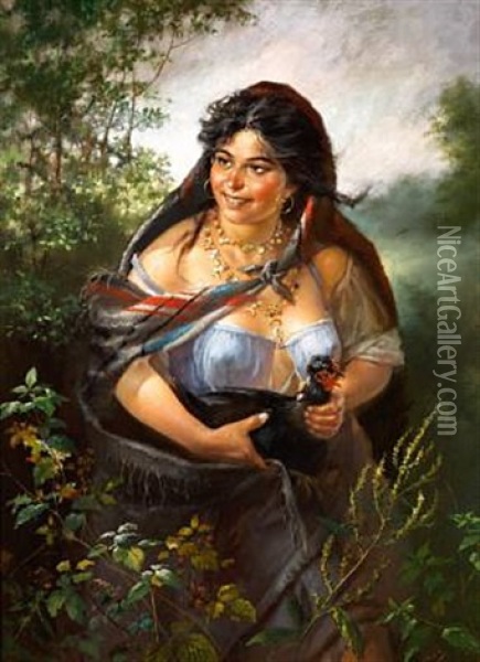 Gipsy Girl With A Black Hen Oil Painting - Alexey Ivanovich Trankovskii