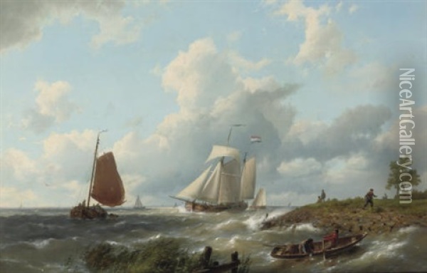 A Strong Breeze Over A Busy Waterway Oil Painting - Hermanus Koekkoek the Elder