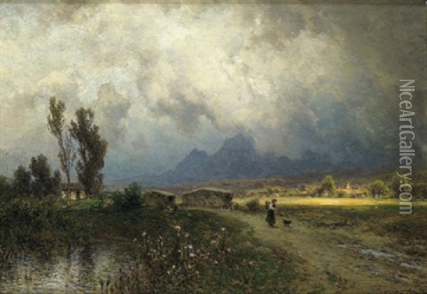 Wolkenverhangene Landschaft Mit Figurlicher Staffage Oil Painting - Eduard Peithner Ritter von Lichtenfels